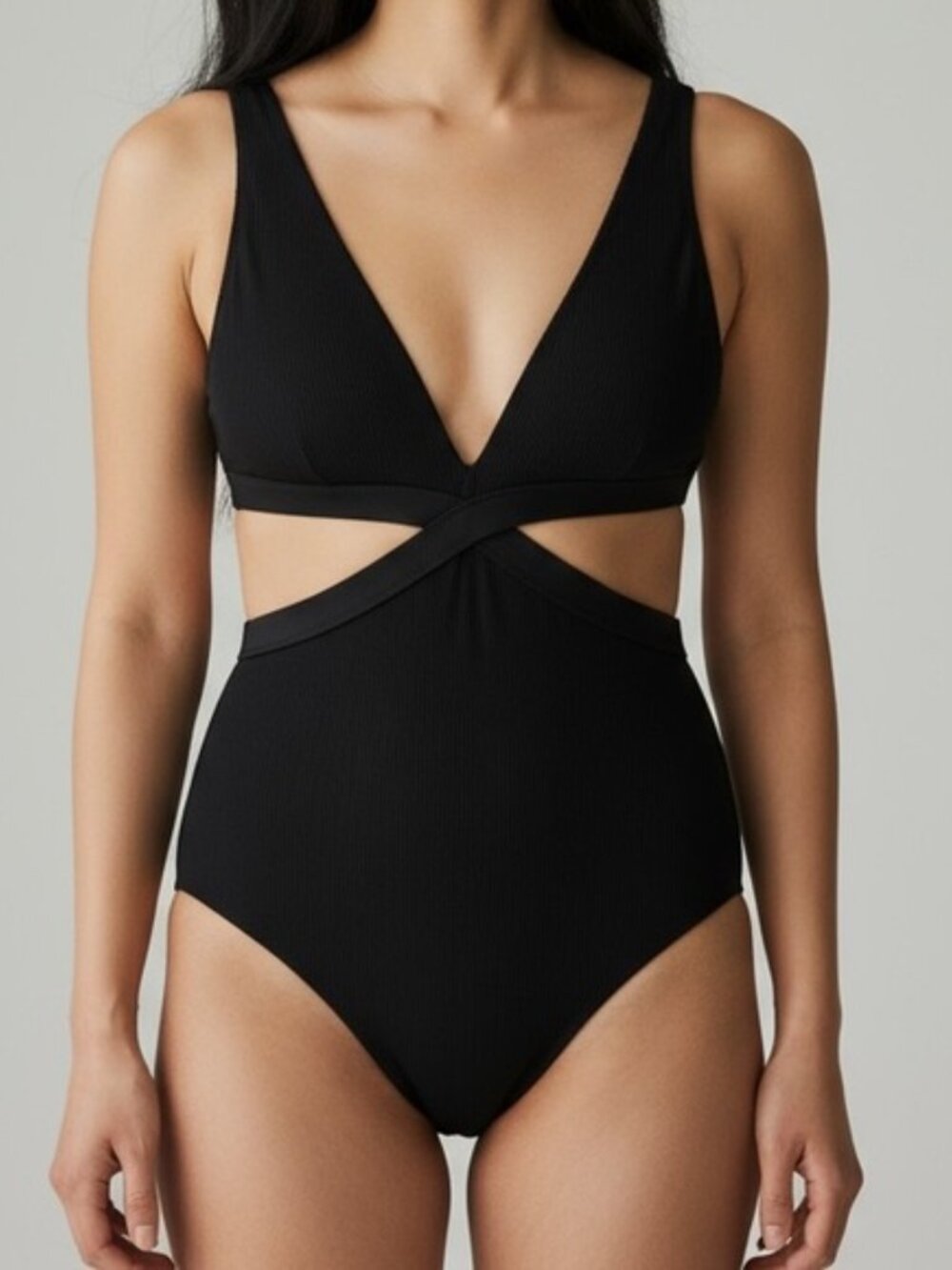NWT Aerie Full Coverage Ribbed Cut Out One Piece Swimsuit Black Size M Long